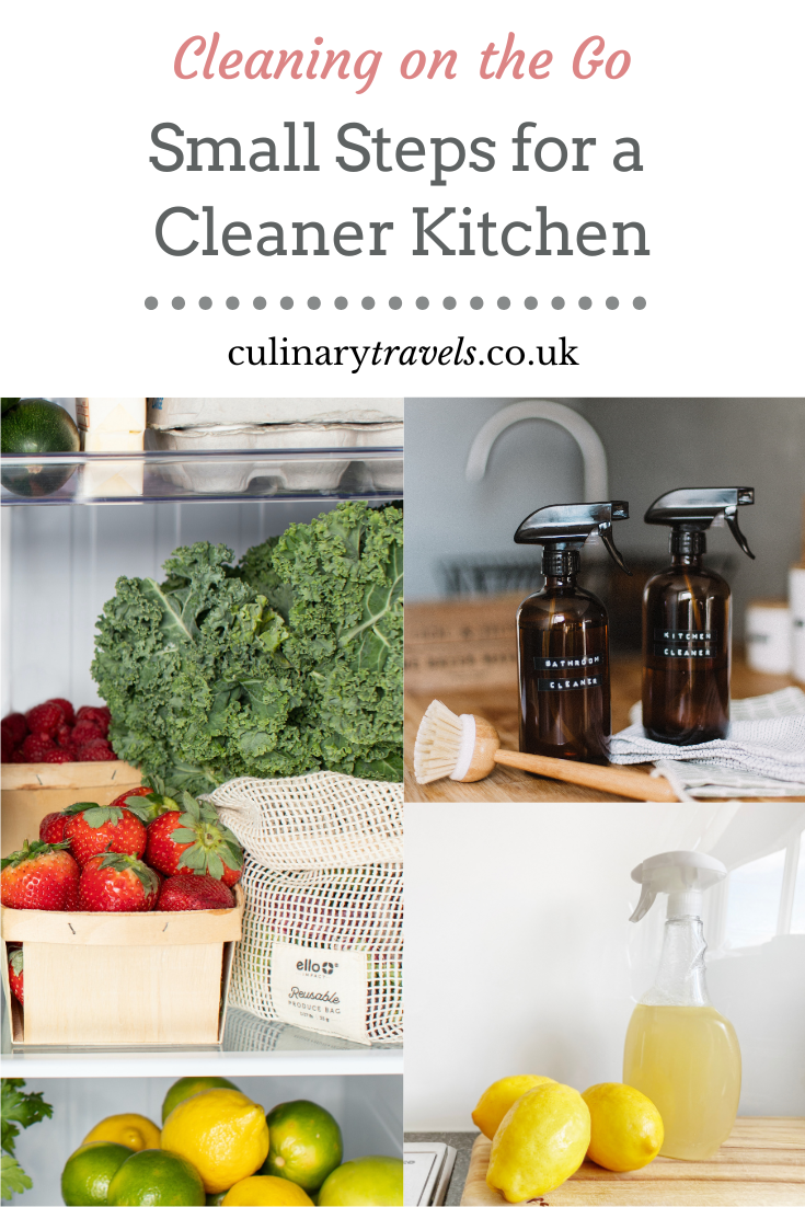 Header image for a natural kitchen cleaning guide showing organised fridge storage and eco-friendly cleaning supplies
